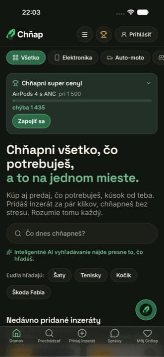 Domovská obrazovka aplikácie Chňap